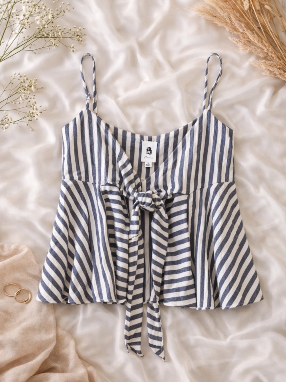 Striped Tie-Front Spaghetti Strap Camisole — Navy/White